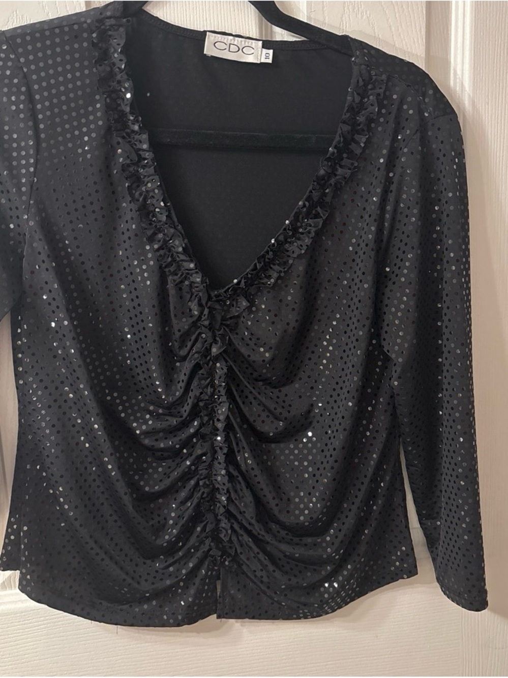 CDC Black Sequin Ruched V-Neck Long Sleeve Blouse